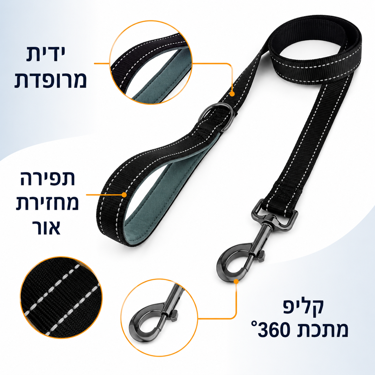 פיצ׳רים של רצועת SafeWalk: ידית מרופדת, קליפ 360 ותפירה מחזירת אור
