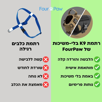 רתמה טקטית K9 עם חיבור קדמי נגד משיכות וסוגרים מברזל