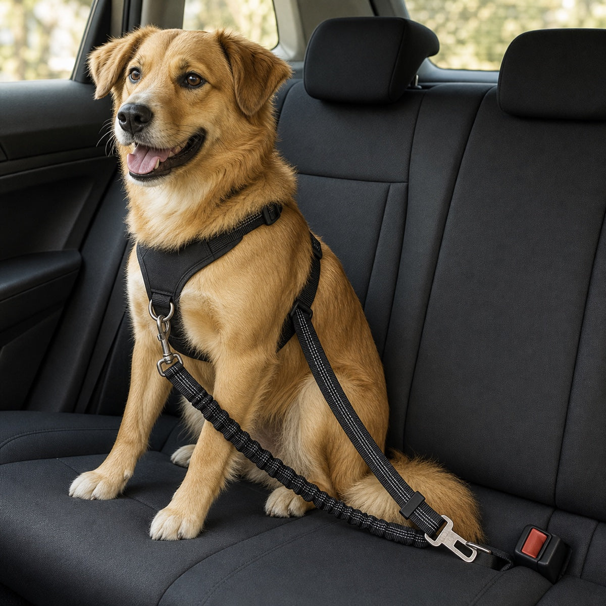 כלב ברכב מחובר לחגורת בטיחות SafeBelt שחורה