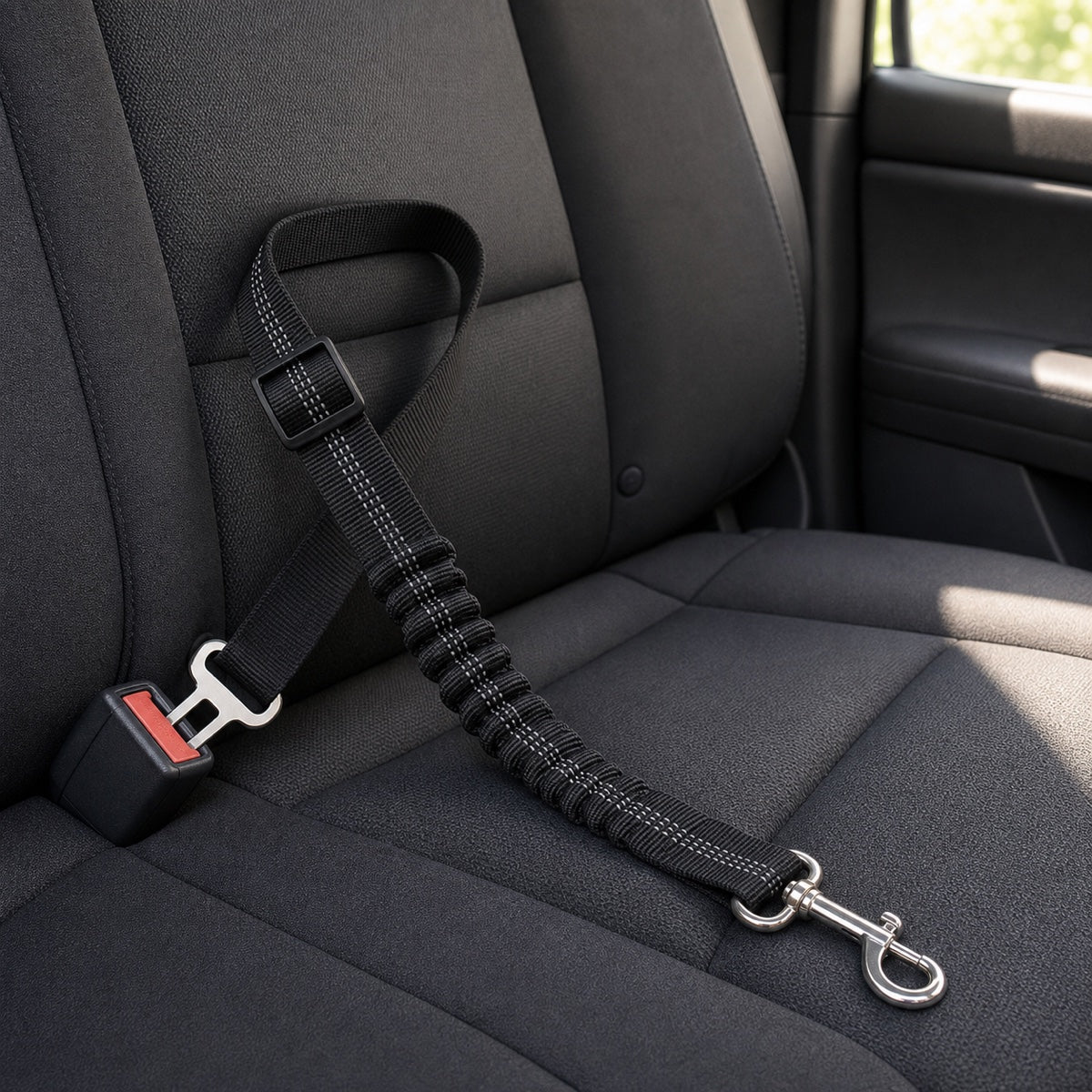 חגורת בטיחות SafeBelt שחורה מותקנת במושב האחורי