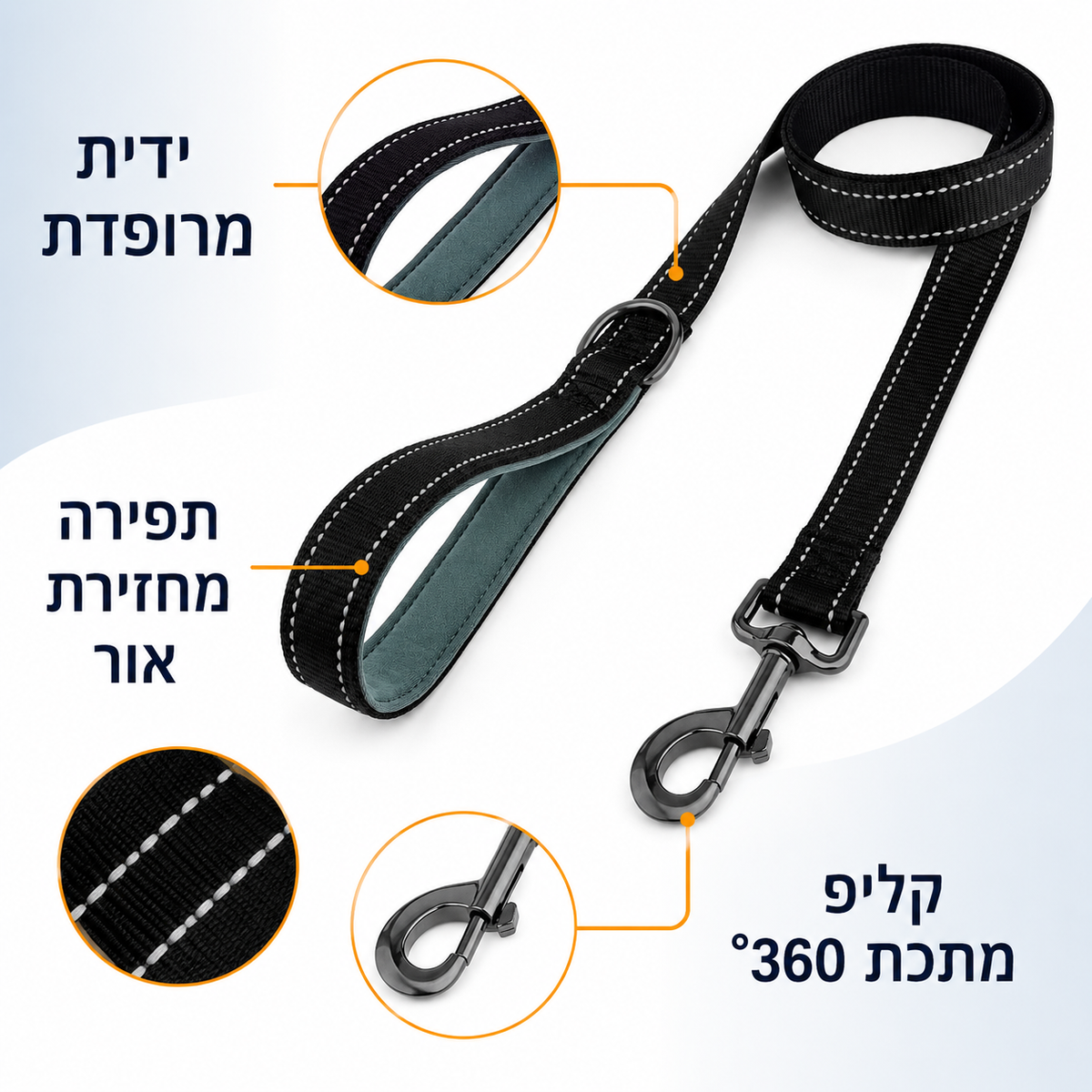 פירוט פיצ׳רים של רצועת SafeWalk: ידית מרופדת, תפירה מחזירת אור וקליפ 360