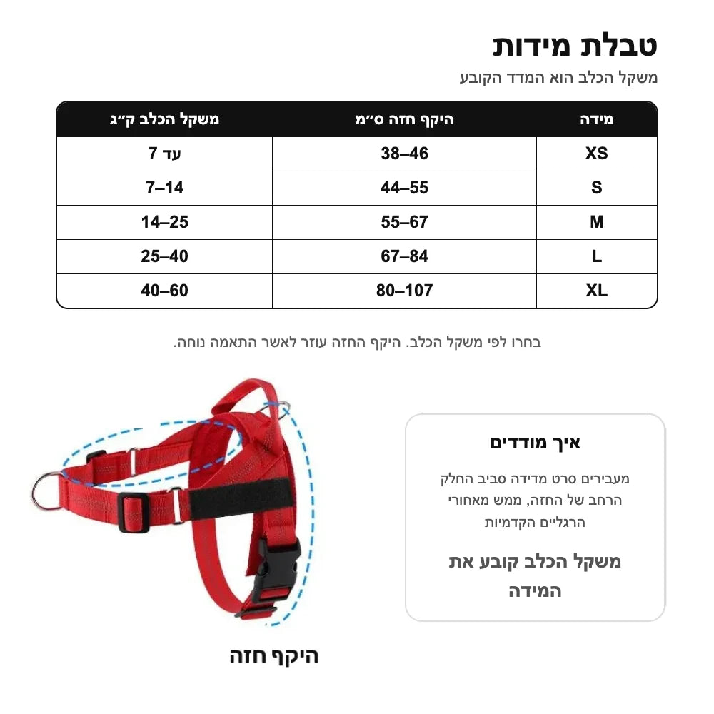טבלת מידות SafeWalk: XS עד 7 ק״ג, S בין 7 ל-14, M בין 14 ל-25, L בין 25 ל-40, XL בין 40 ל-60 ק״ג