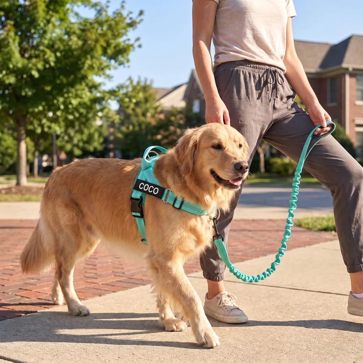 גולדן רטריבר מטייל עם רתמת SafeWalk 2.0 ורצועה תואמת